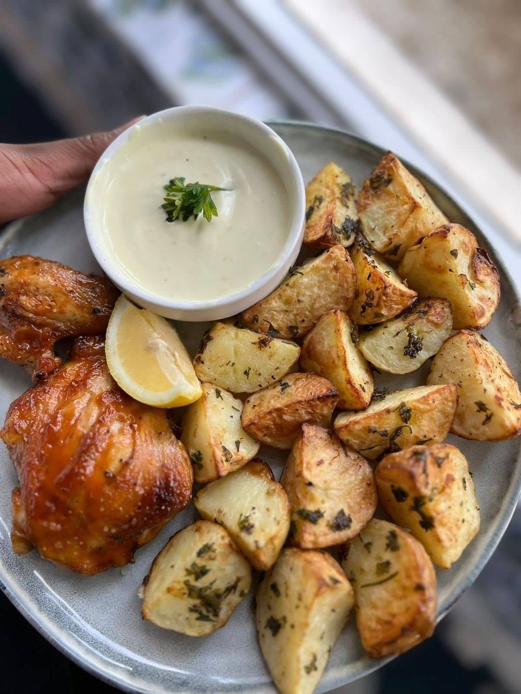 Grilled Butterflied Half Chickens and Air Fried Potato Wedges